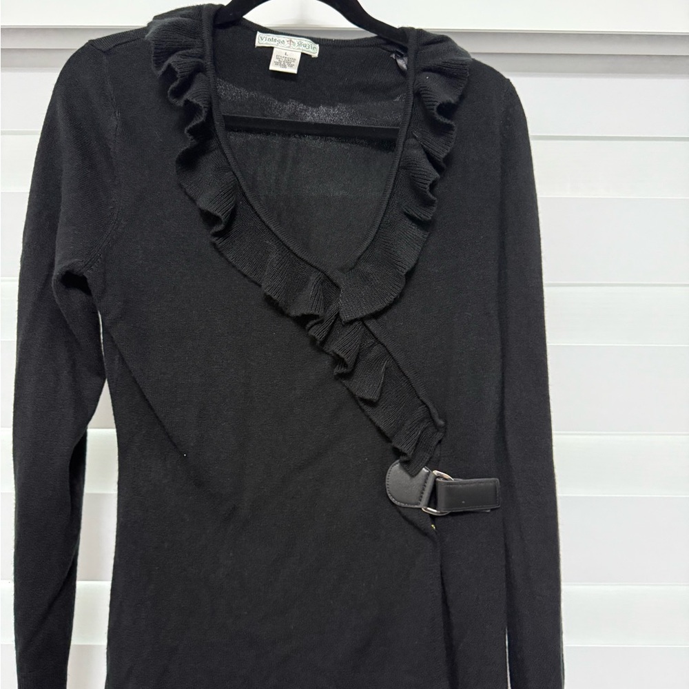 Vintage Suzie Black Ruffle Wrap Long Sleeve Top with Side Buckle